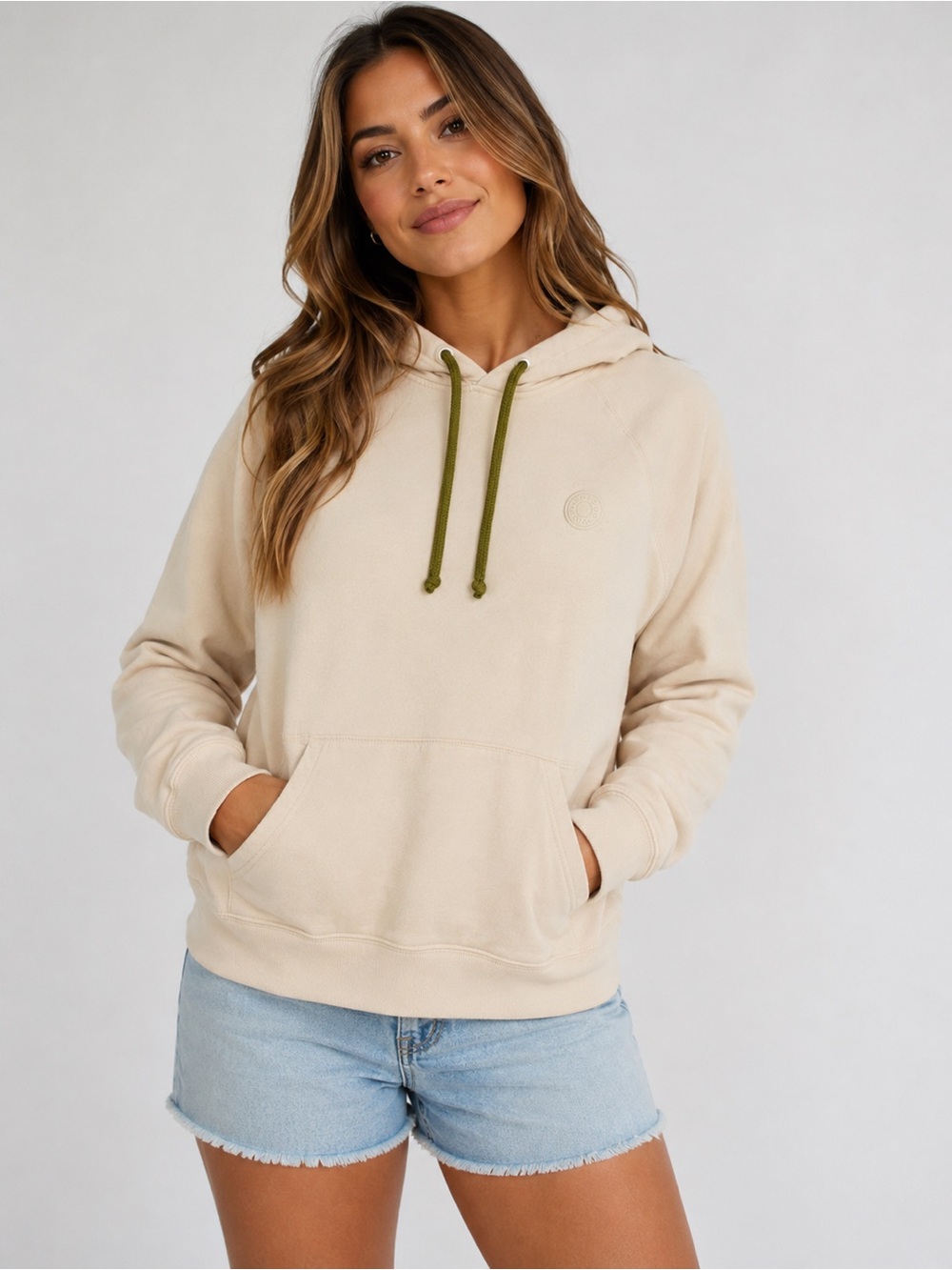 Acne Cream Hoodie with Olive Drawstrings - Women's Pullover